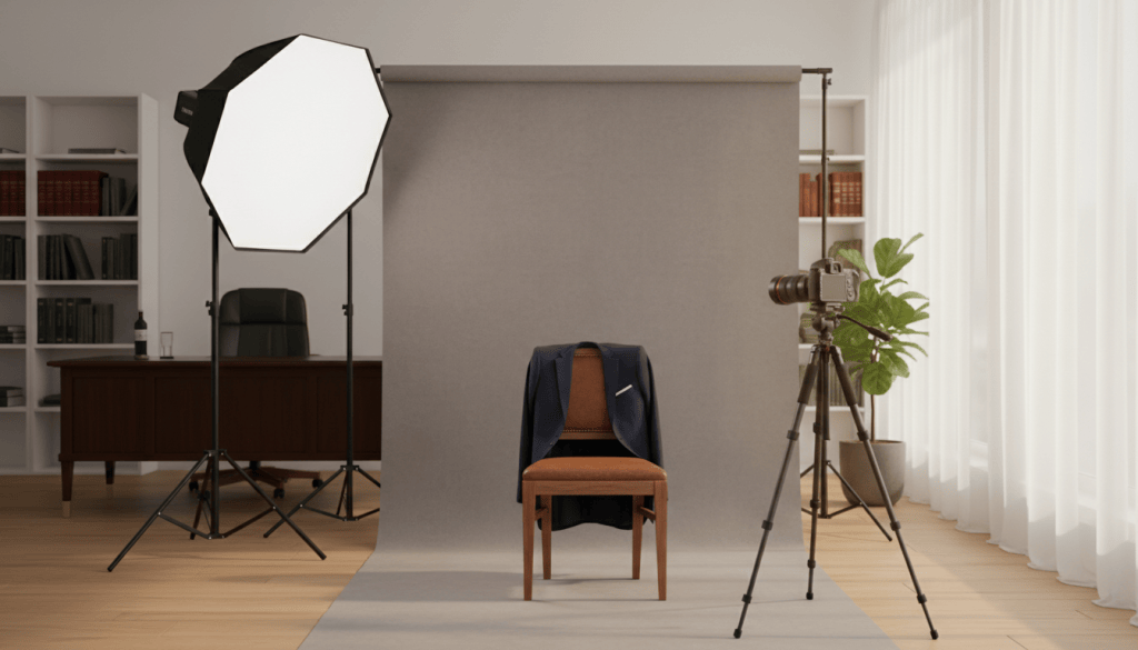 Empty chair and gray backdrop set up for a portrait session in a law office, with a softbox light and camera on a tripod