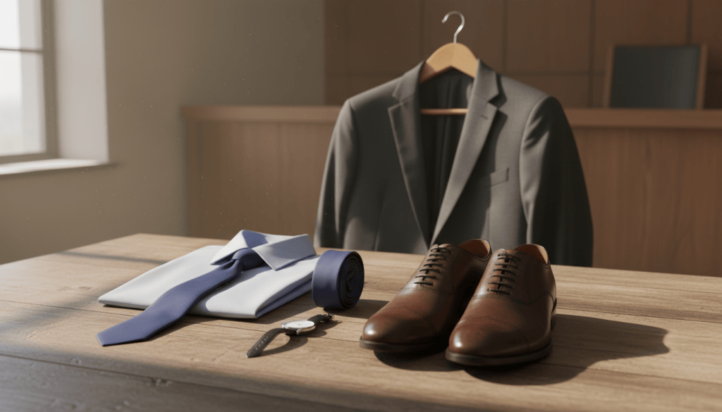 Gray suit jacket on a hanger behind a folded blue shirt, tie and brown leather shoes on a wooden table