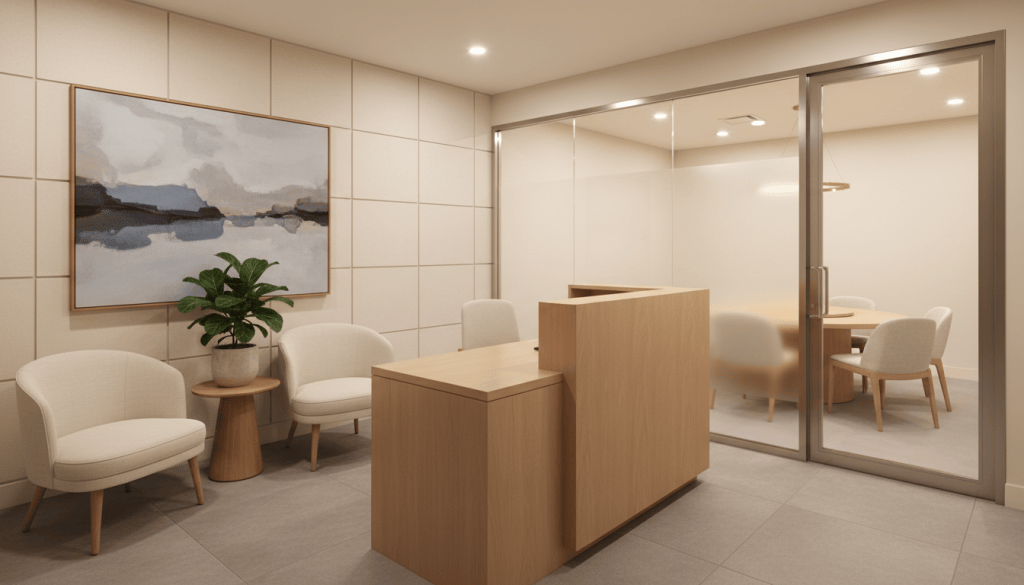 Welcoming reception area of a small law office with a front desk, chairs and a glass door to a conference room